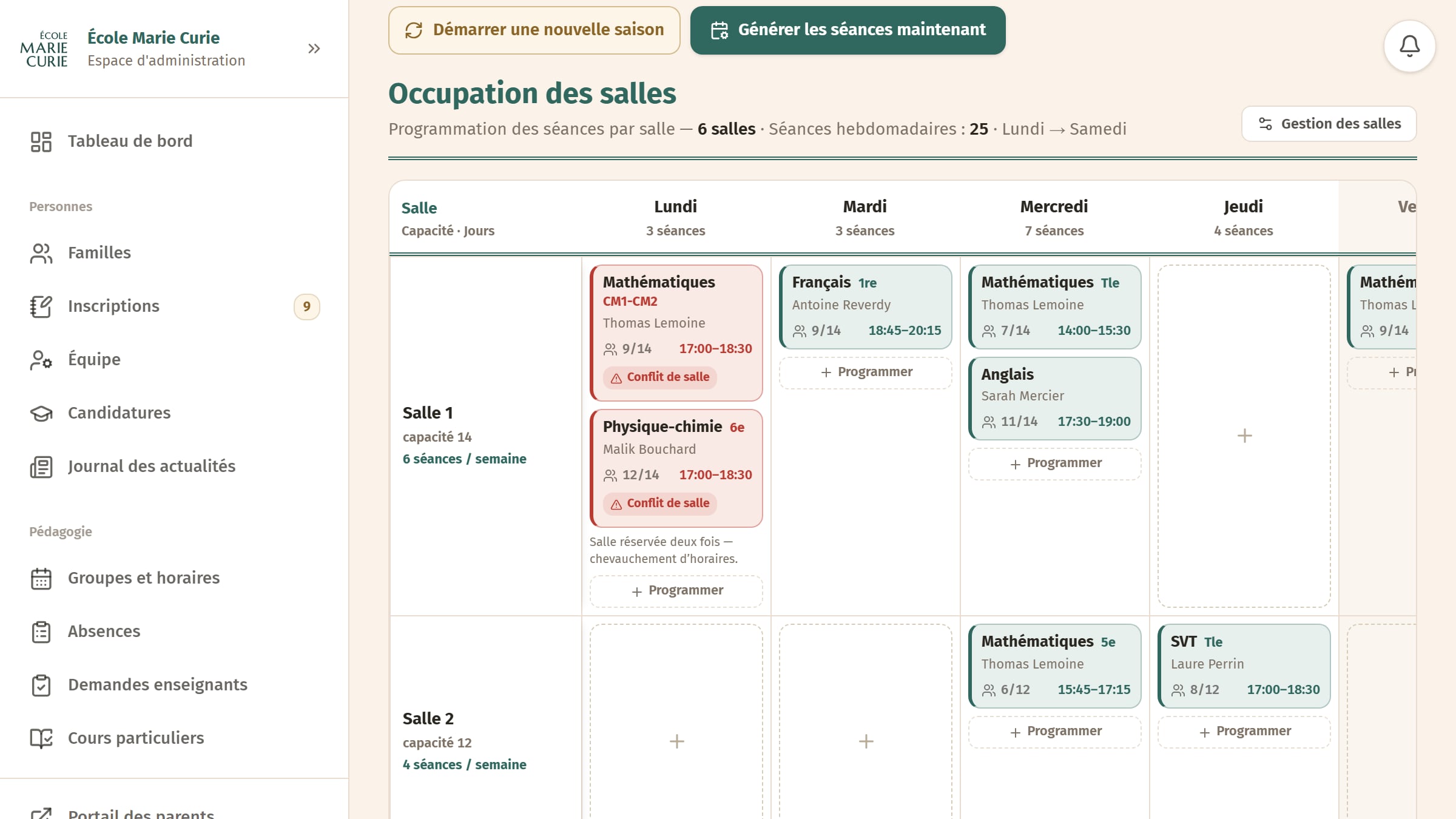 Les salles, et les conflits d'horaire